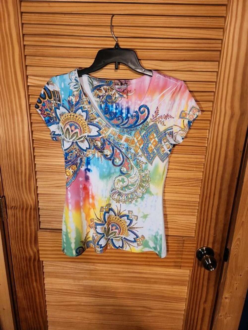 Vintage Y2K LA Movers Tie Dye Paisley V-Neck Tee - Size S